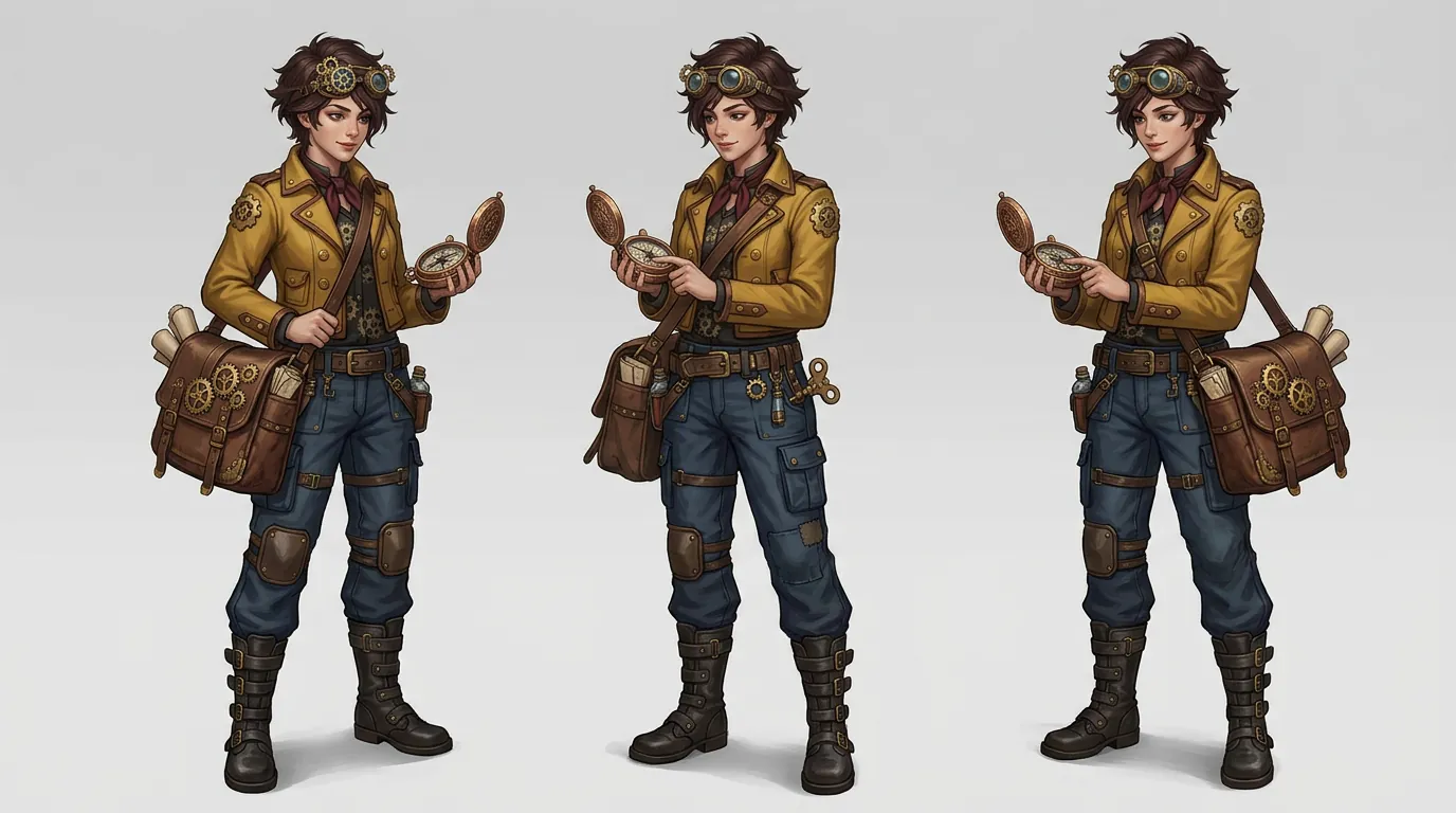 A young steampunk female courier wearing a mustard-yellow cropped jacket and navy cargo pants, carrying a leather mailbag and holding a brass compass. Full-body standing pose, detailed game character concept illustration, light gray background, no text.