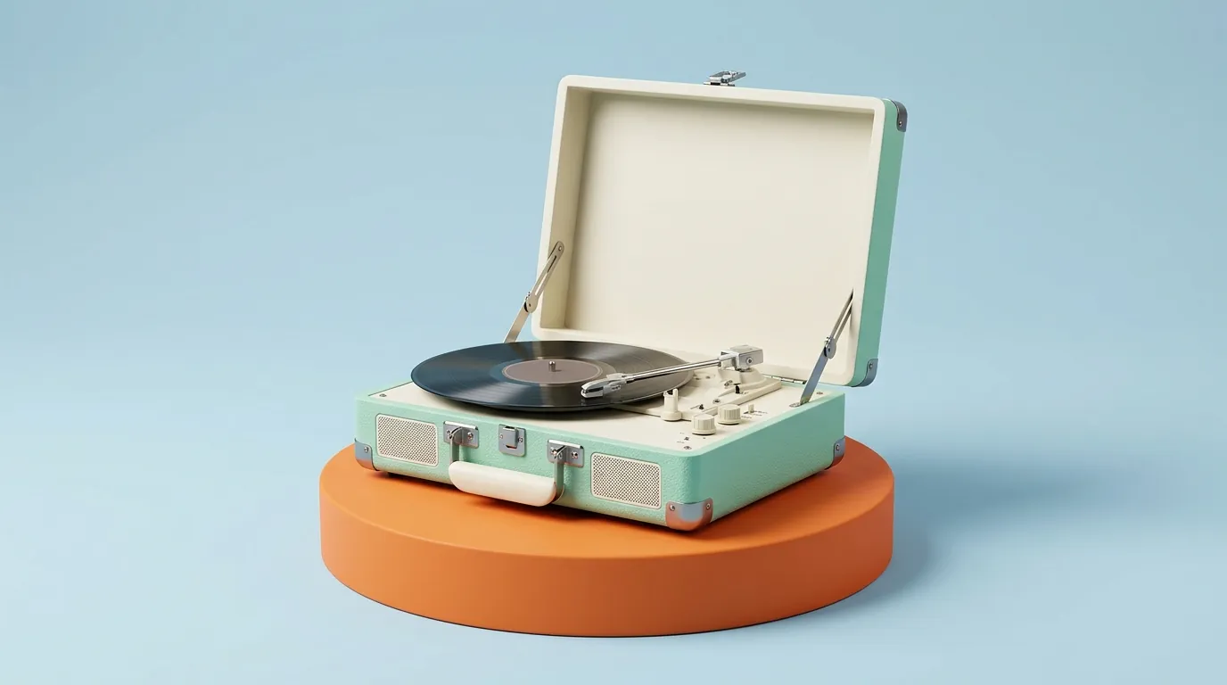 A retro portable record player in cream white and mint green, with its lid open, on an orange cylindrical pedestal. Pale blue background, soft studio lighting, realistic plastic and metal textures, clean product advertising photography, no text.